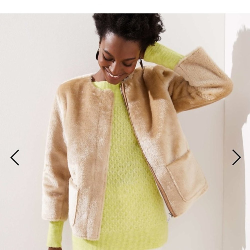 Loft Tan Faux Fur Zip Jacket Size XS